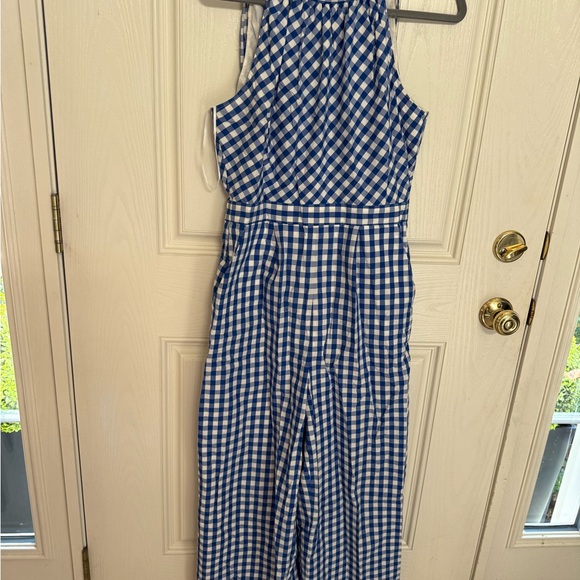 J.Crew Gingham High-Neck Cotton Poplin Jumpsuit in blue and white - Picture 2 of 10